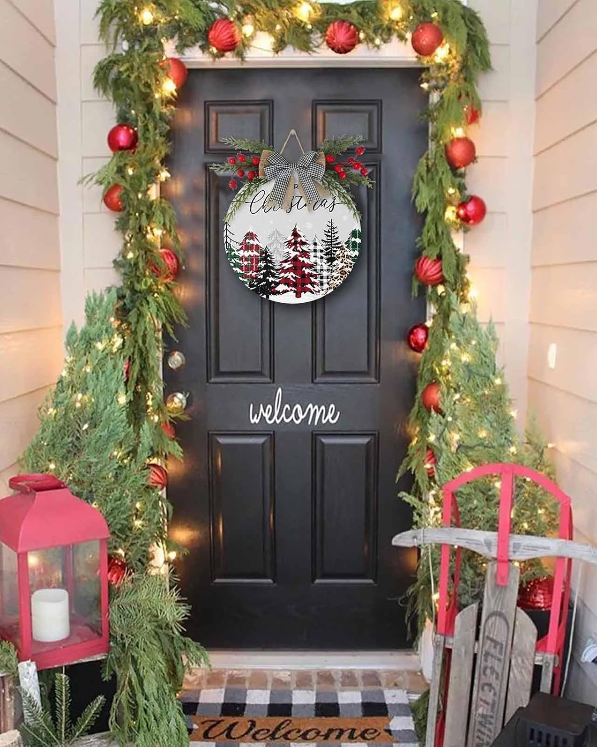 Welcome Sign Front Door Christmas Wreath Decor Plaid Xmas Tree Wooden Wall Decor