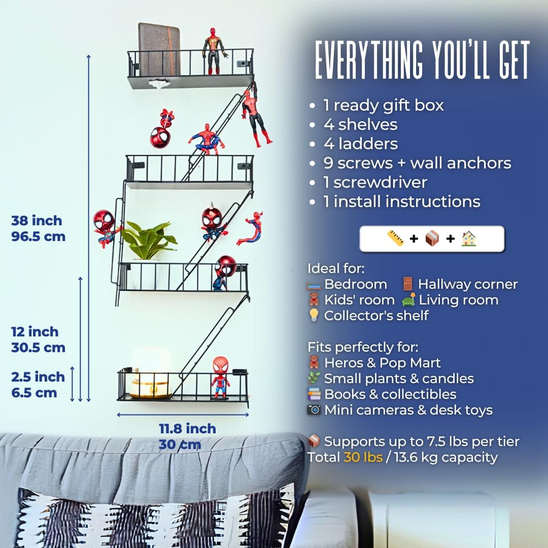 4 Tier Fire Escape Wall Shelf - Black Metal Decor Ladder Shelf