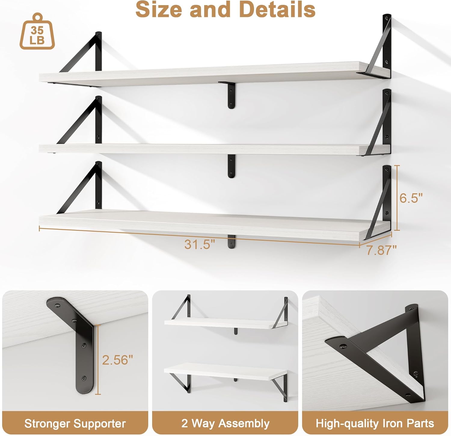 Fun Memories Floating Shelves Set of 3 White Wall-Mounted Bookshelves