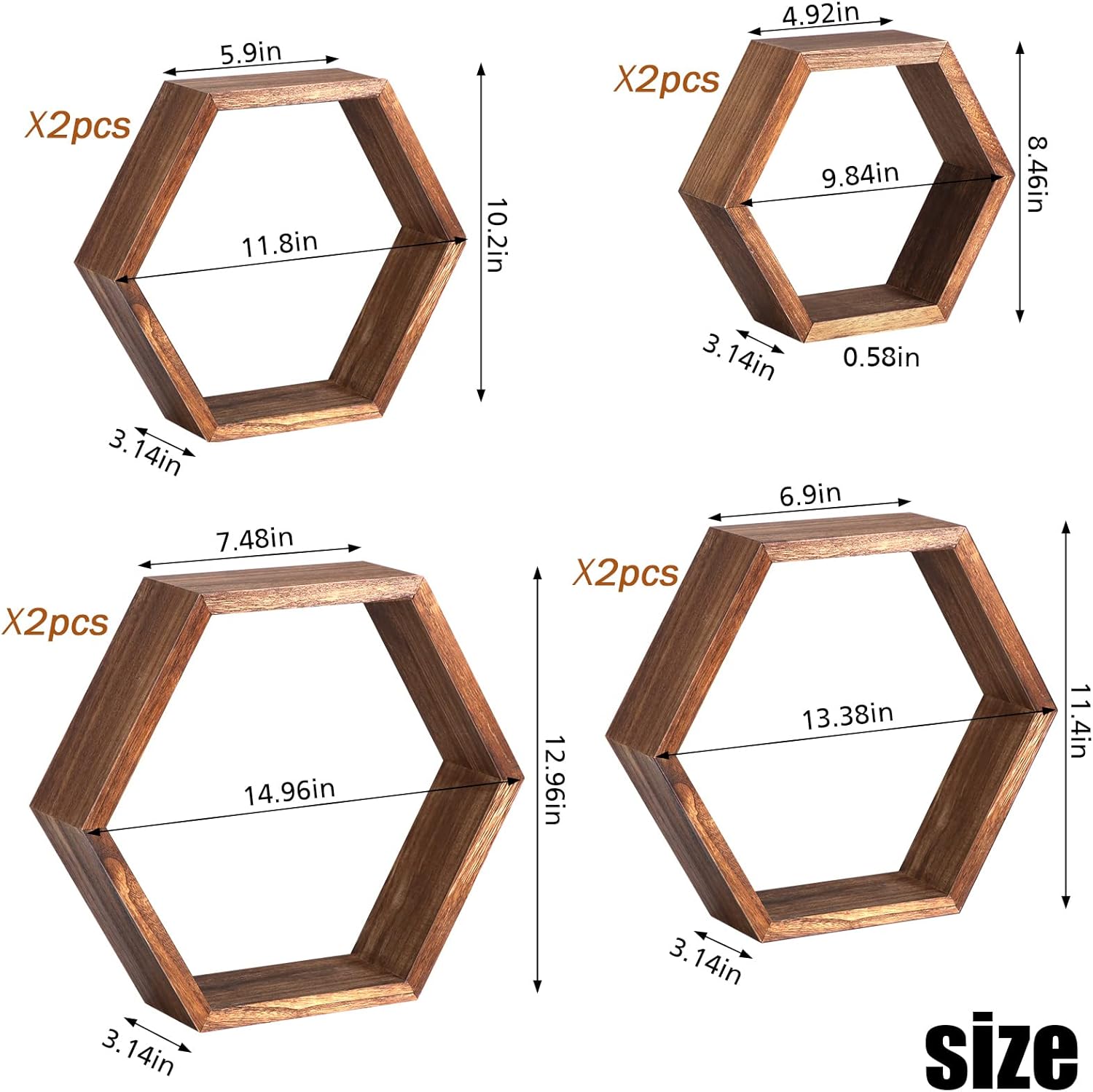 Maitys Hexagon Floating Shelves Set of 8 Brown Wood Wall Decor