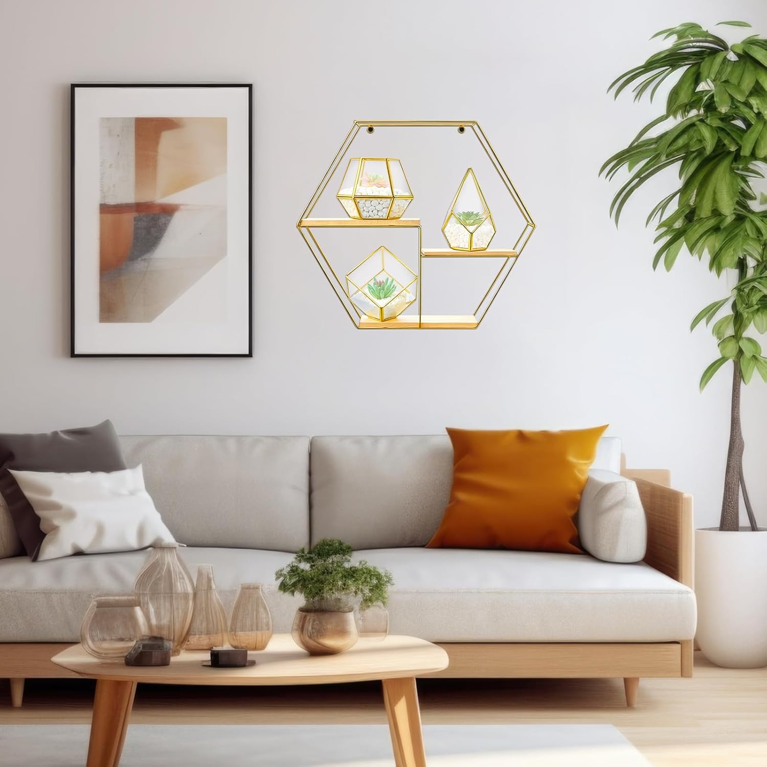 Hexagonal Metal Wall Shelves with 3 Glass Planter Sets