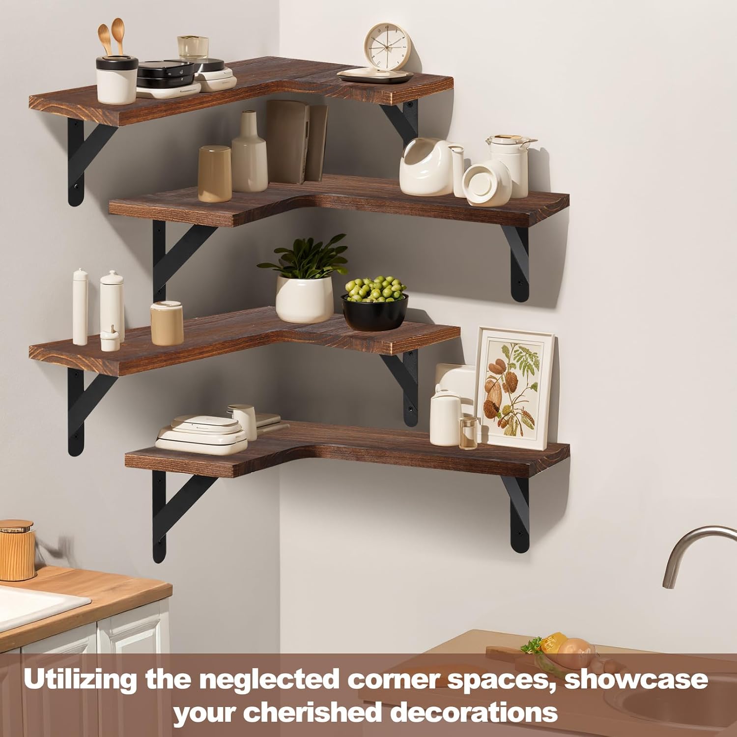 Gabotrie Corner Floating Shelves Set of 4 Dark Brown