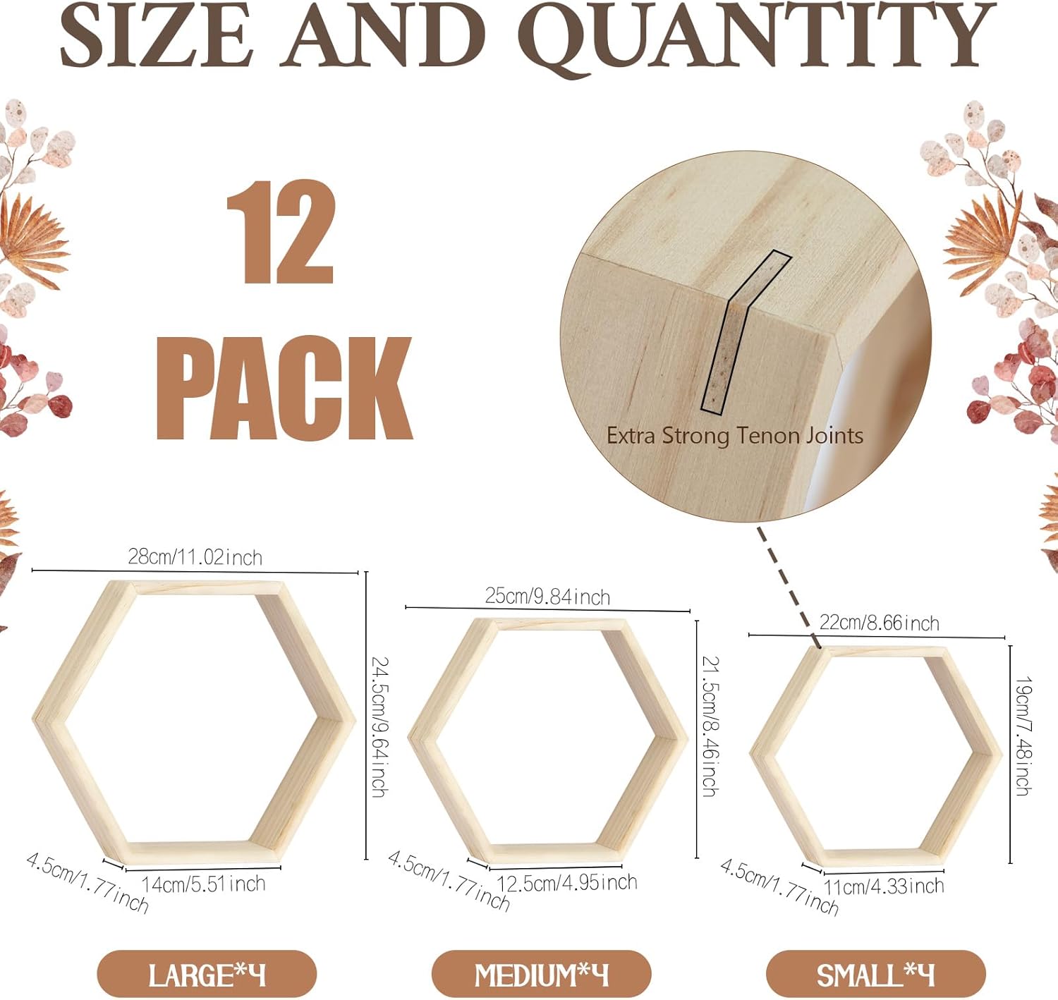 12 Pcs Wooden Hexagon Shelves 3 Sizes