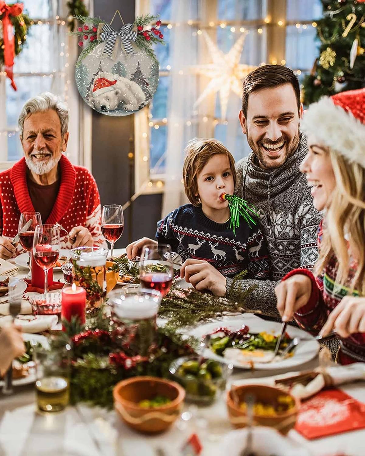 Welcome Sign Christmas Wreath Decor Santa Hat Bear Wood Wall Decor
