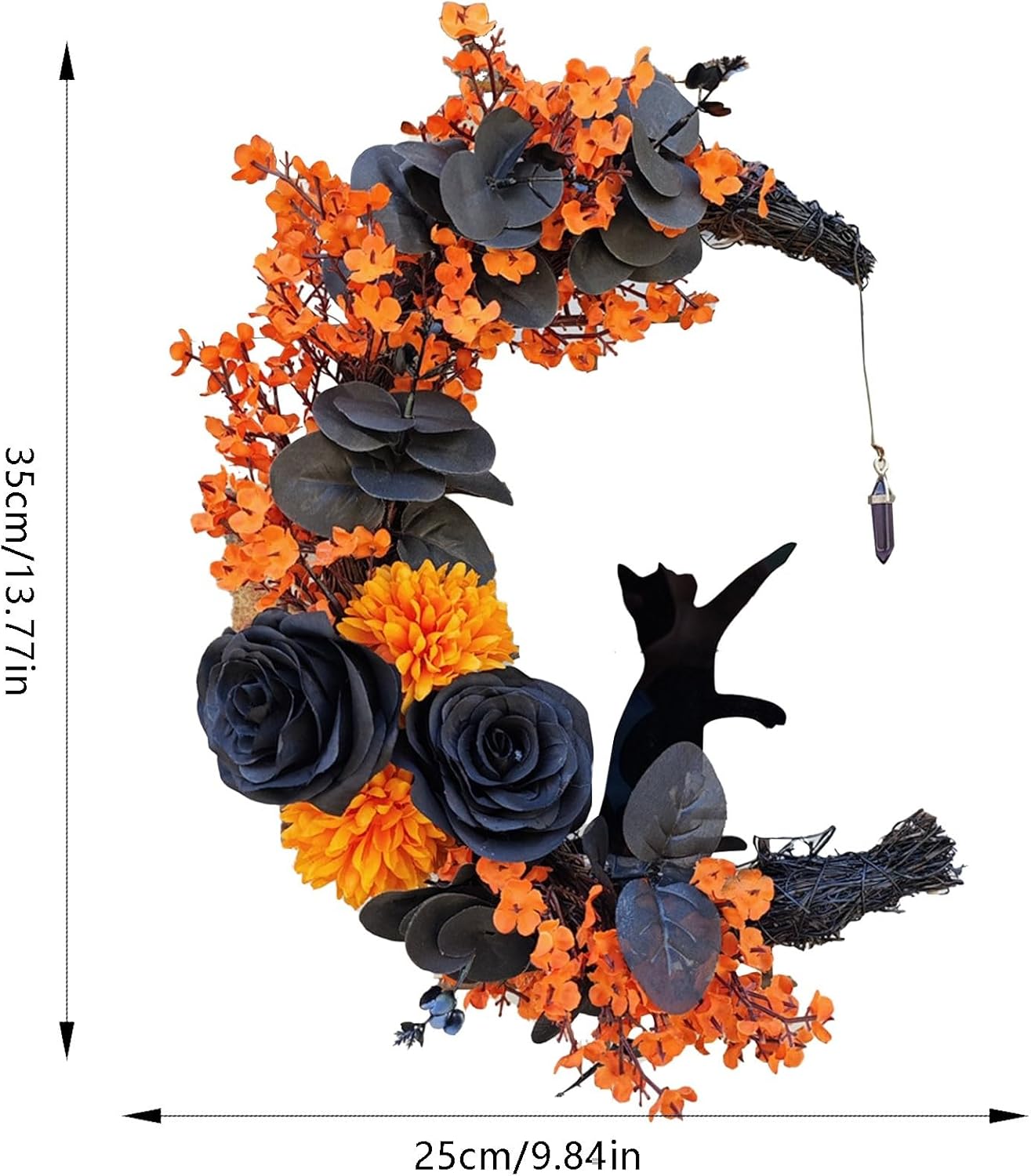 Elegant Halloween Cat Door Wreath with Black Cat and Purple Flowers