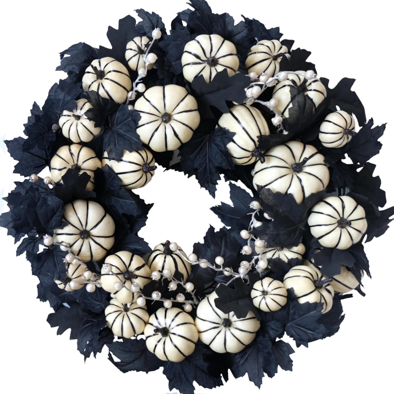22 Inch Halloween Wreath with White Pumpkins and Black Maple Leaves