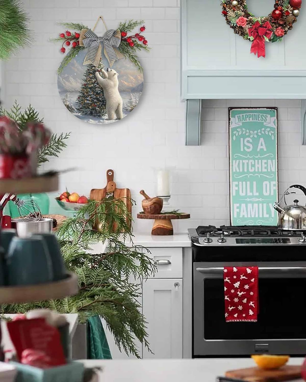 Welcome Sign Christmas Wreath Decor Round Wood Sign