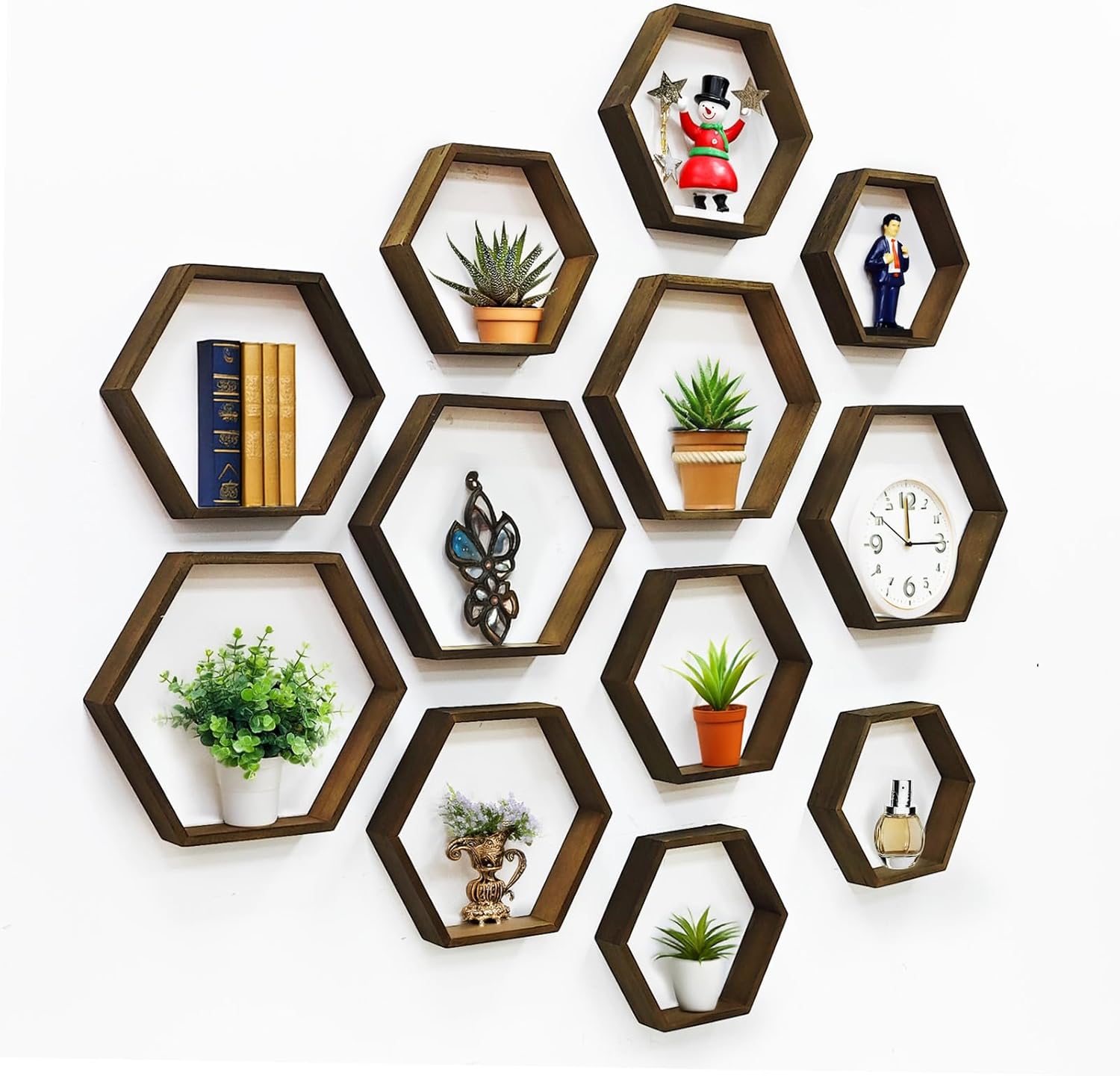 12 Pcs Wooden Hexagon Floating Shelves Brown