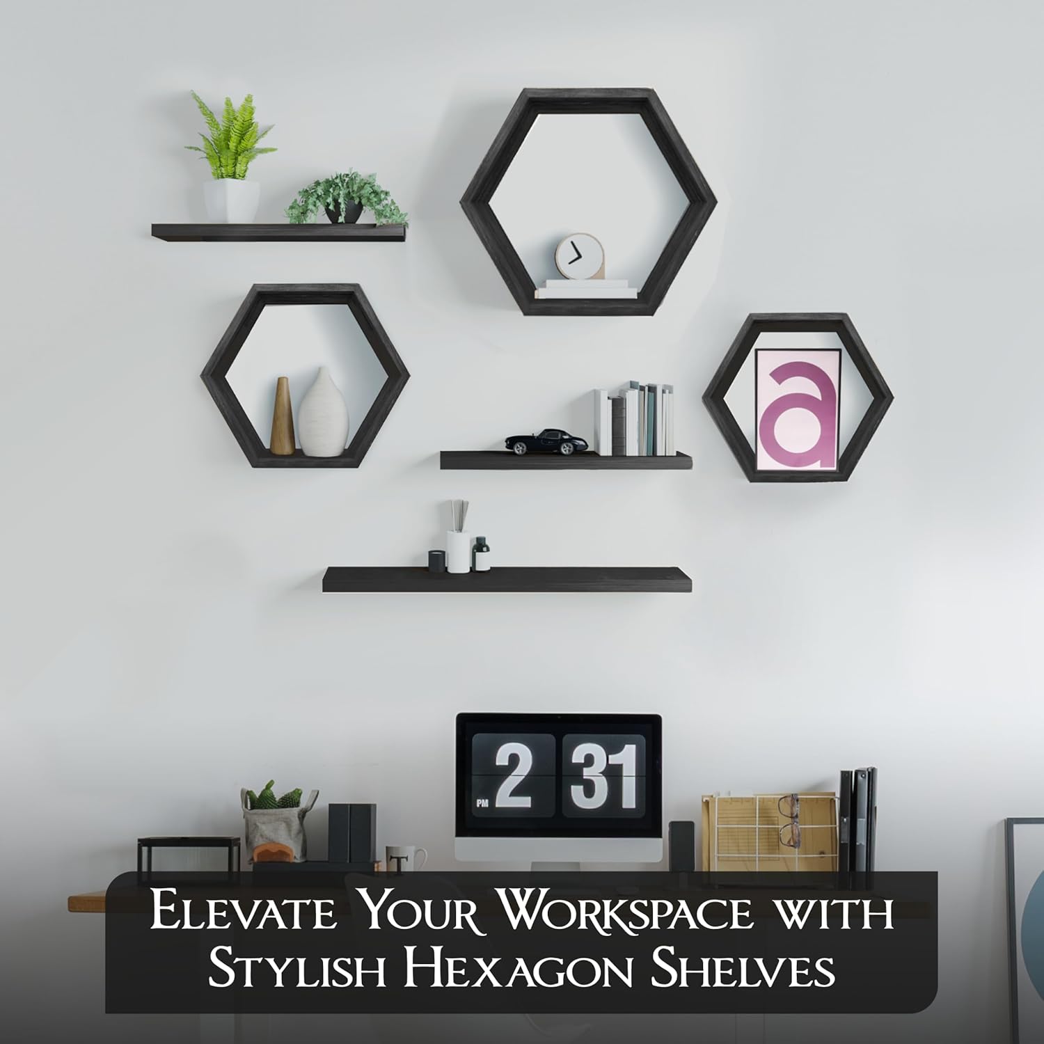 Hexagon Floating Shelves Set of 6 Carbonized Black