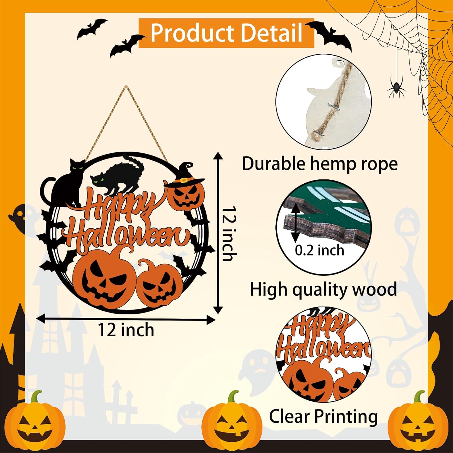 Halloween Wreath Decorations with Pumpkin Bat Black Cat Sign