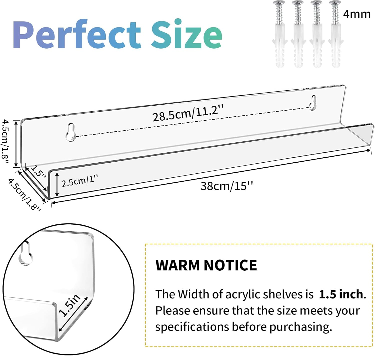 2 Pieces Acrylic Floating Shelves for Small Bathroom Display