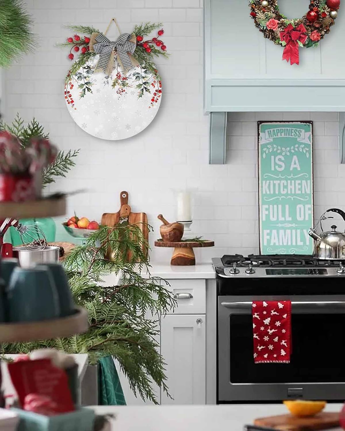 Christmas Welcome Sign with Red Berry and Snowflake Design