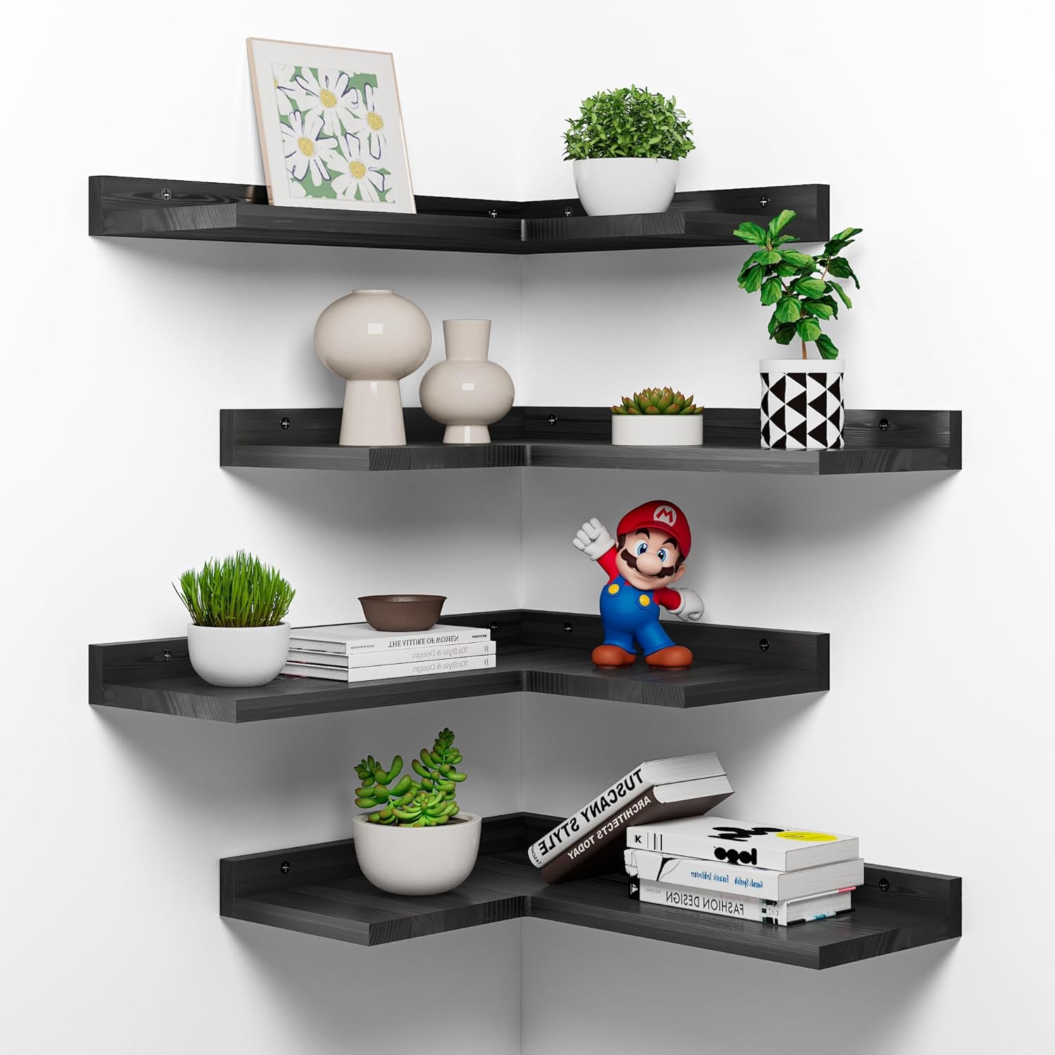 4-Tier Corner Floating Shelves Black