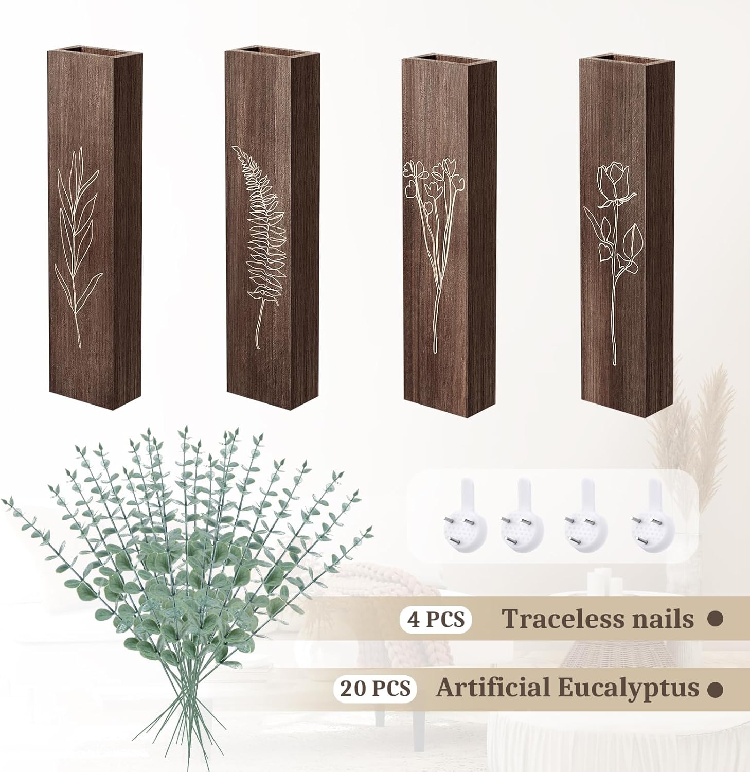 HOMIEE 4 Pack Wooden Wall Planters with Artificial Eucalyptus