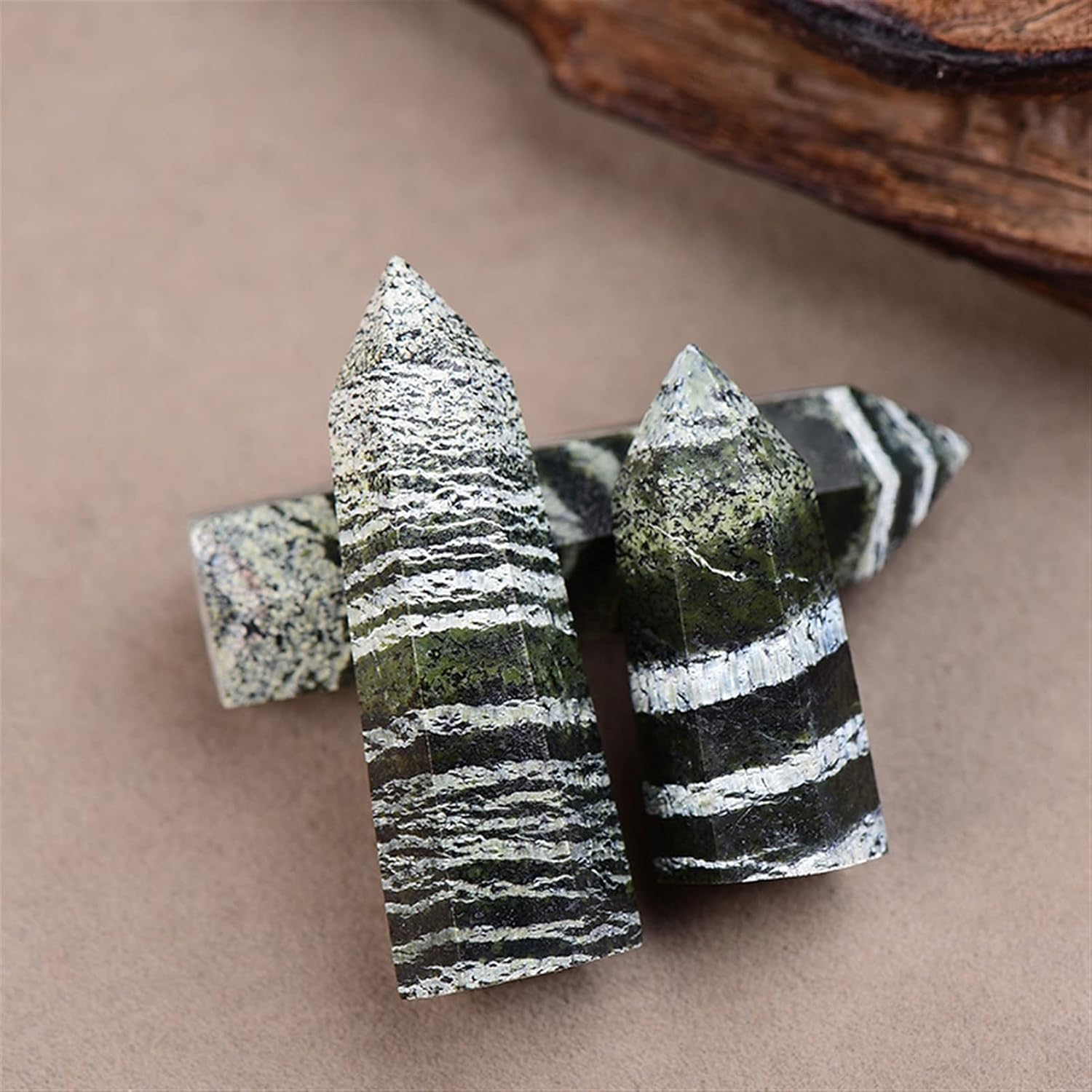 Primary Stones and Minerals Green Zebra Quartz Wand for Home Decor