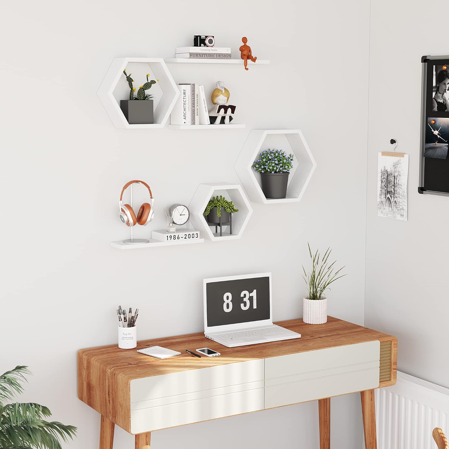 Wooden Hexagon Floating Shelves Set of 6 White Pine