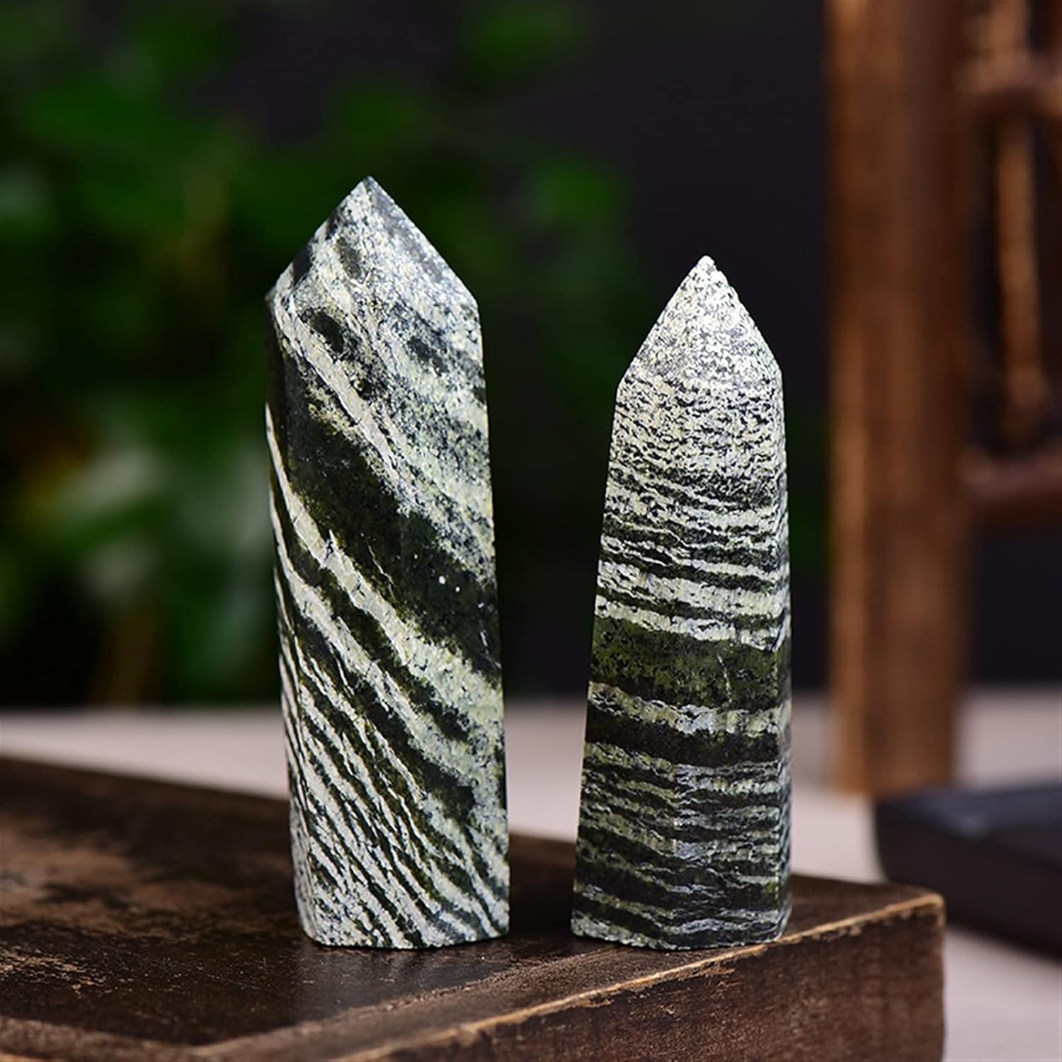 Primary Stones and Minerals Green Zebra Quartz Wand for Home Decor