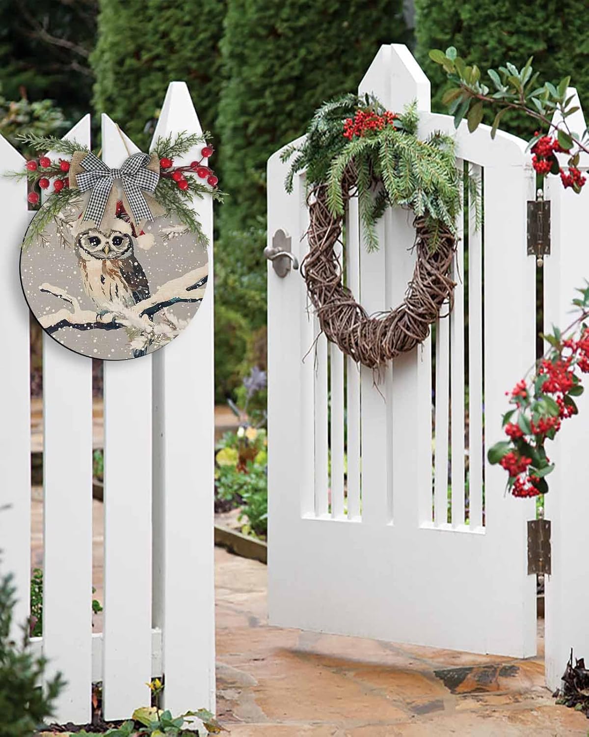 Welcome Sign Christmas Wreath Owl Wood Door Decor