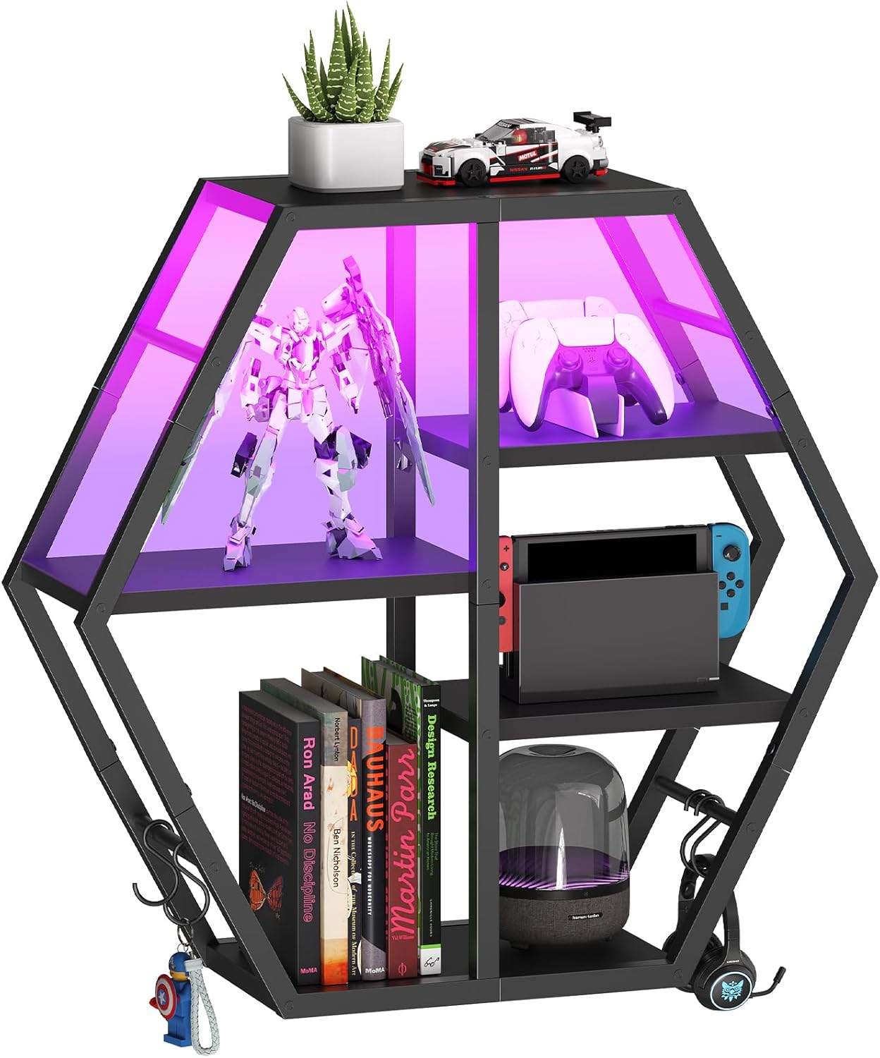HOOBRO Gaming Floating Shelf with LED Lights Hexagonal Wall Mount Black BB76DBJ01