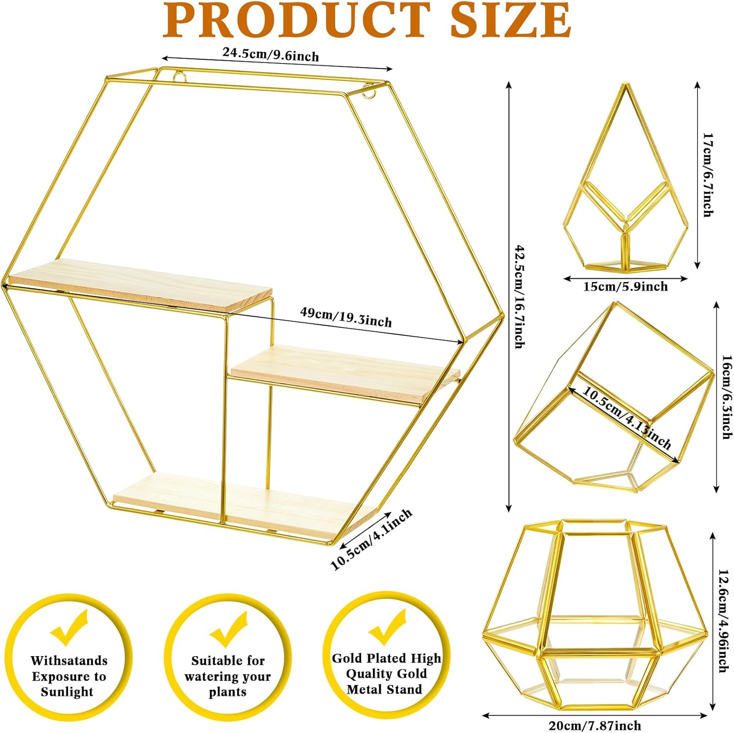 Hexagonal Metal Wall Shelves with 3 Glass Planter Sets