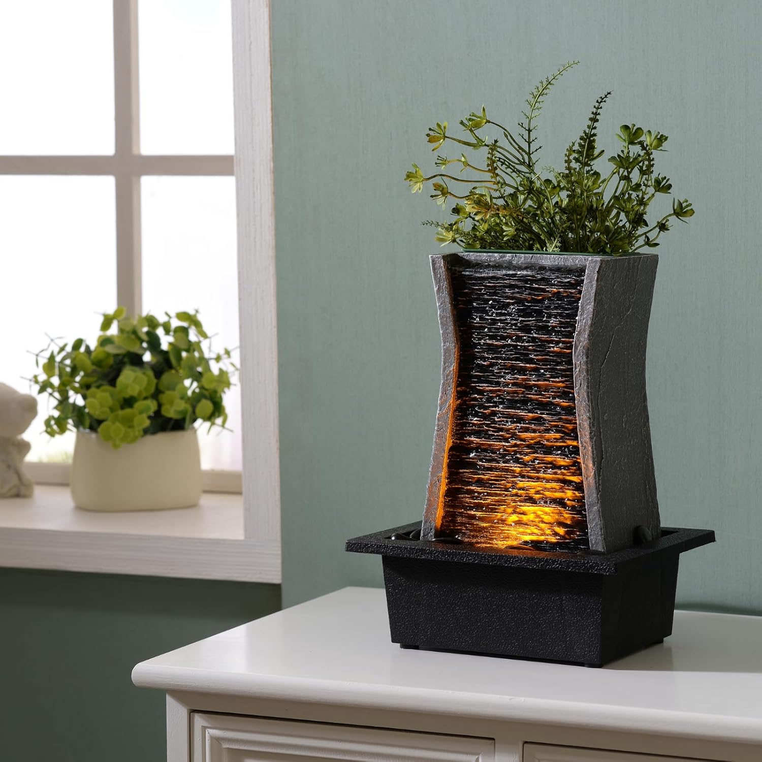 GOSSI Tabletop Water Fountain with LED Lights and Plastic Pot