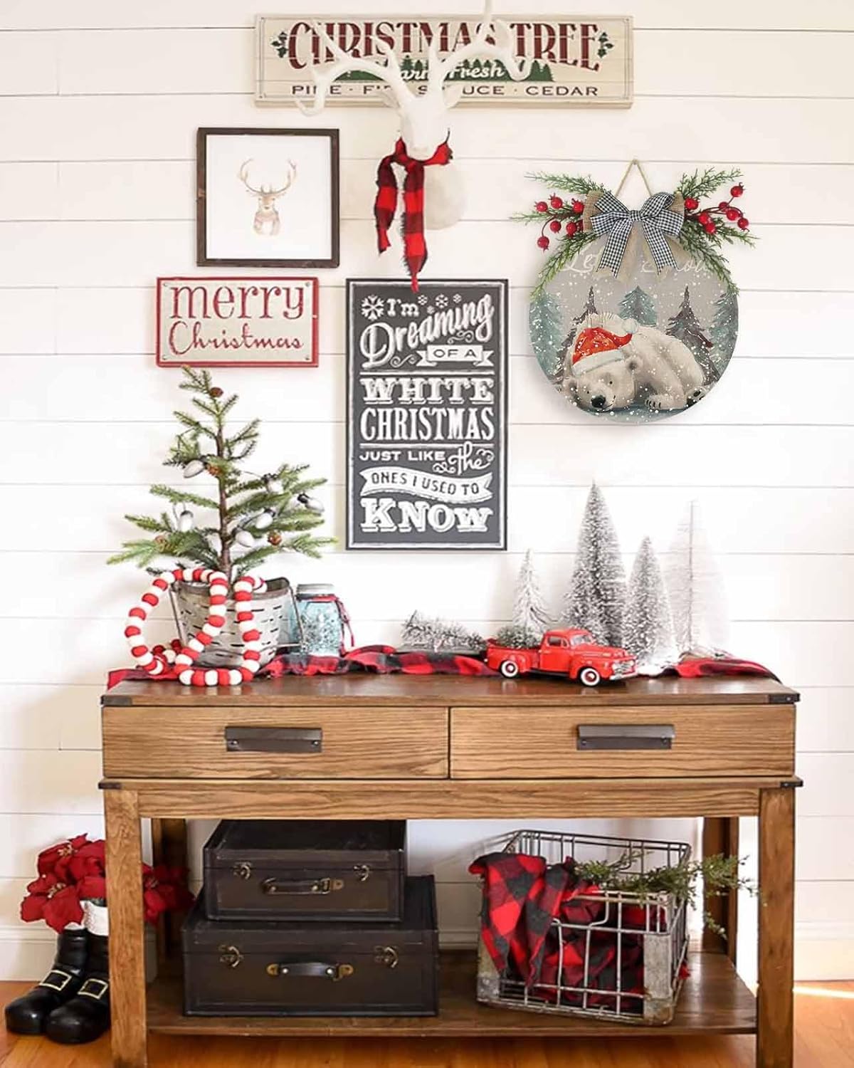 Welcome Sign Christmas Wreath Decor Santa Hat Bear Wood Wall Decor