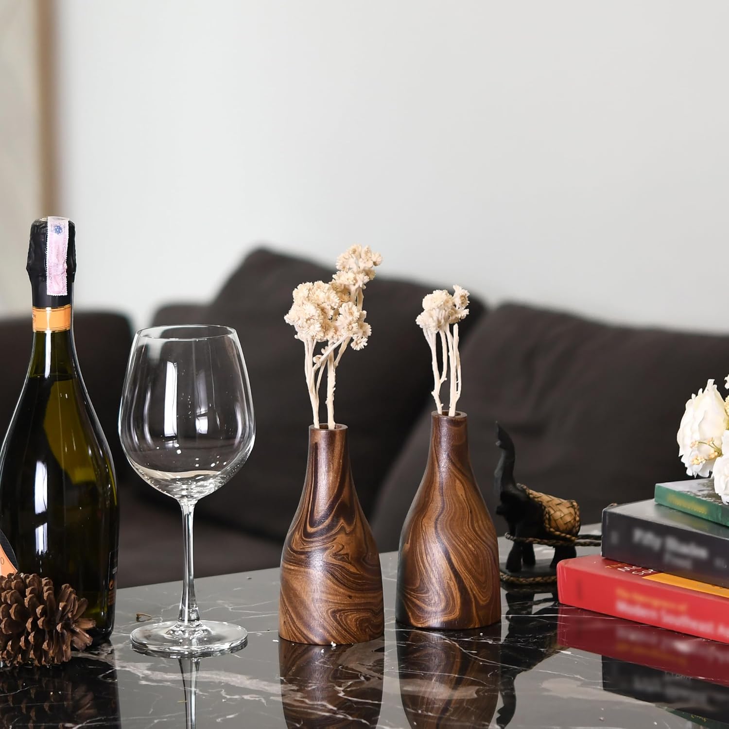 AeraVida Artistic Grain Pattern Mango Wood Flower Vase Set of 2