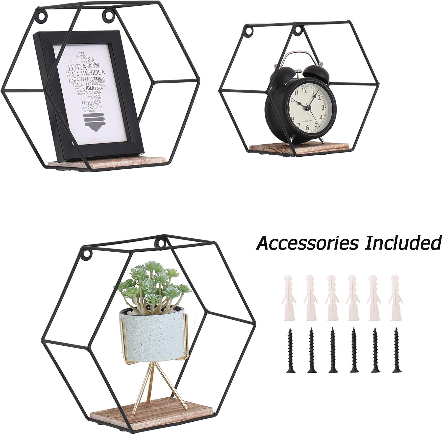 DRNCURN Hexagon Floating Shelves Wall Mounted Metal Set of 3 Honeycomb Dcor for Home