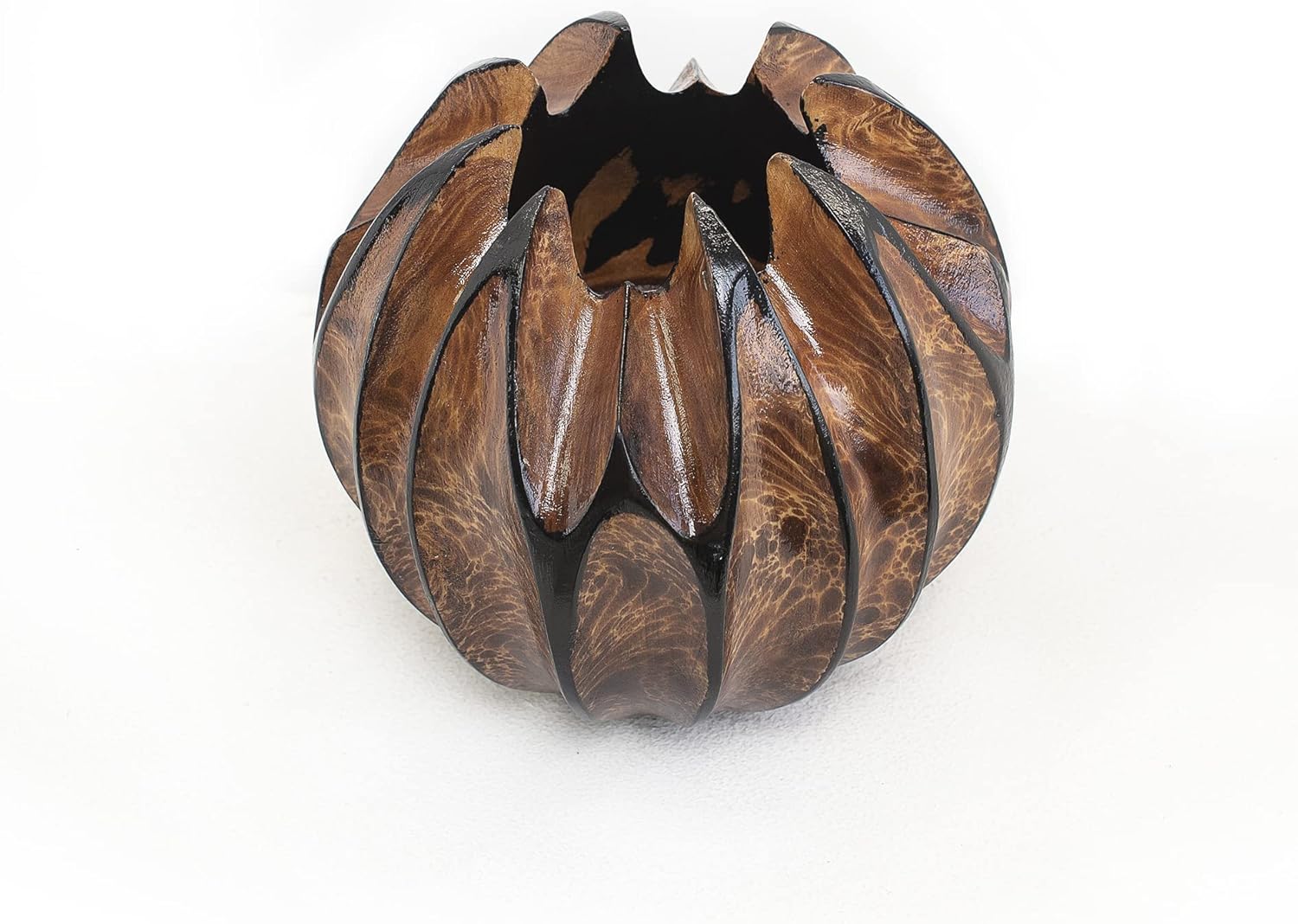 Small Round Sculptured Wooden Vase for Dried Flowers and Decorative Grass Display