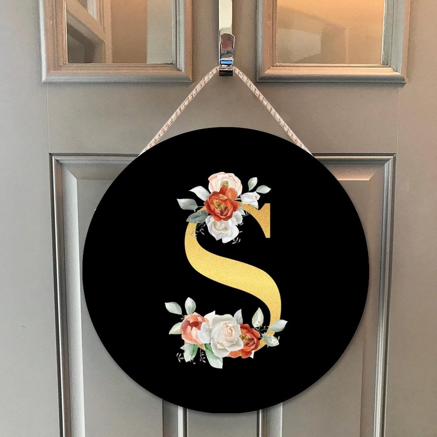 Farmhouse Front Door Hanger Rose Gold Initial Letter S Wood Sign 10x10in