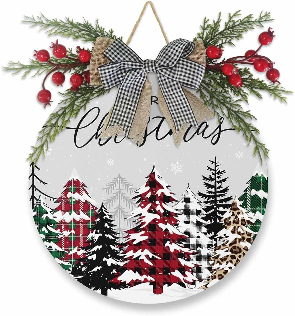 Welcome Sign Front Door Christmas Wreath Decor Plaid Xmas Tree Wooden Wall Decor