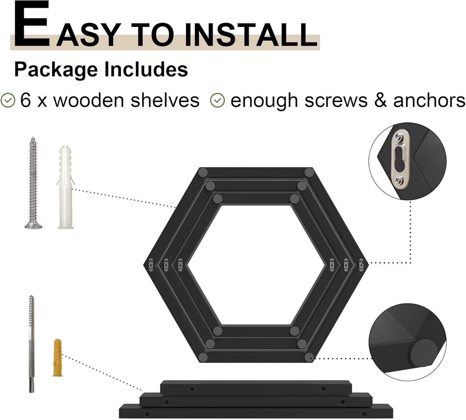 Ecowillon Hexagon Floating Shelves Set of 6 Black