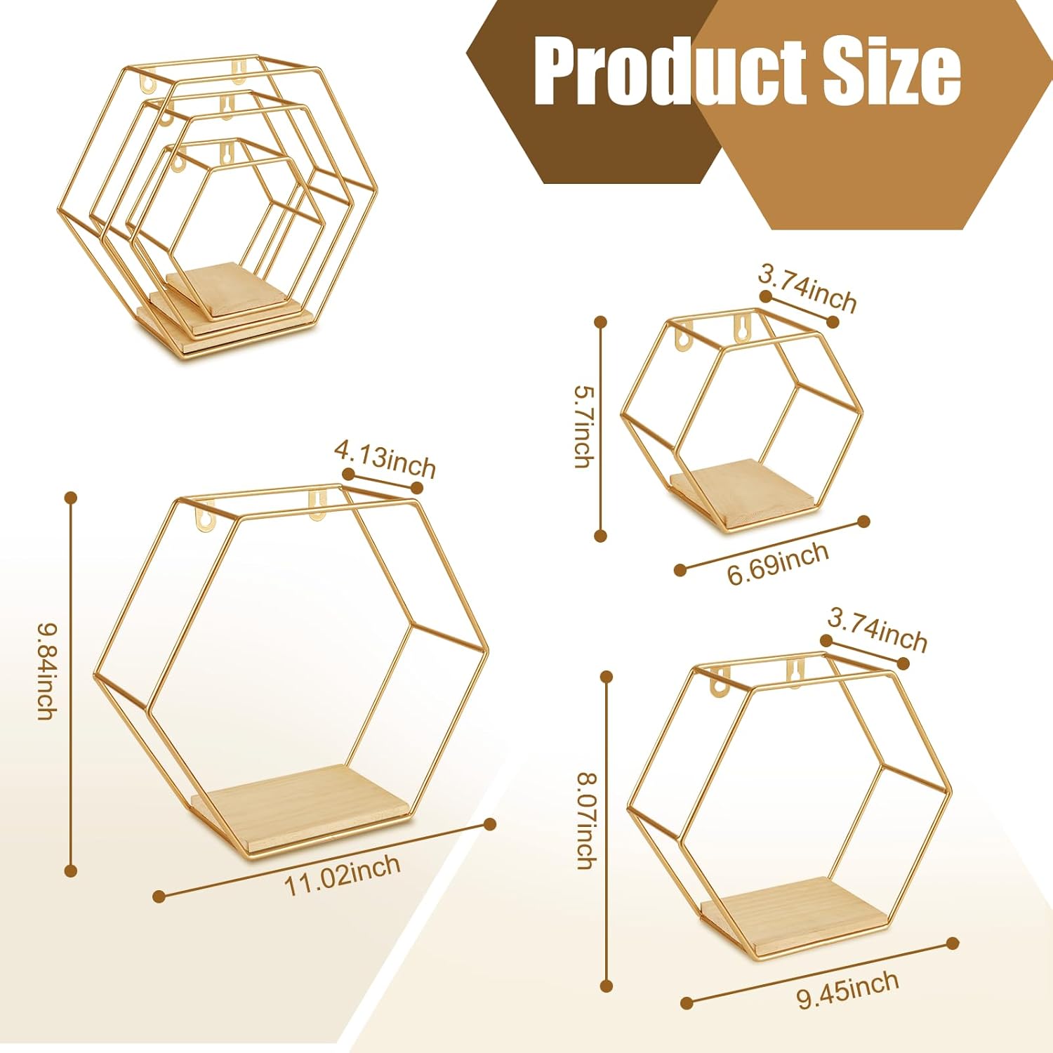 Ideal Swan Hexagon Floating Shelves with LED Lights - Gold