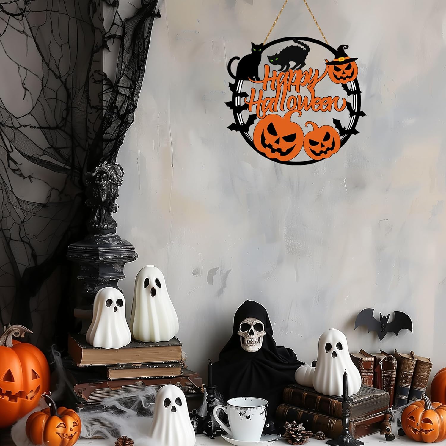 Halloween Wreath Decorations with Pumpkin Bat Black Cat Sign