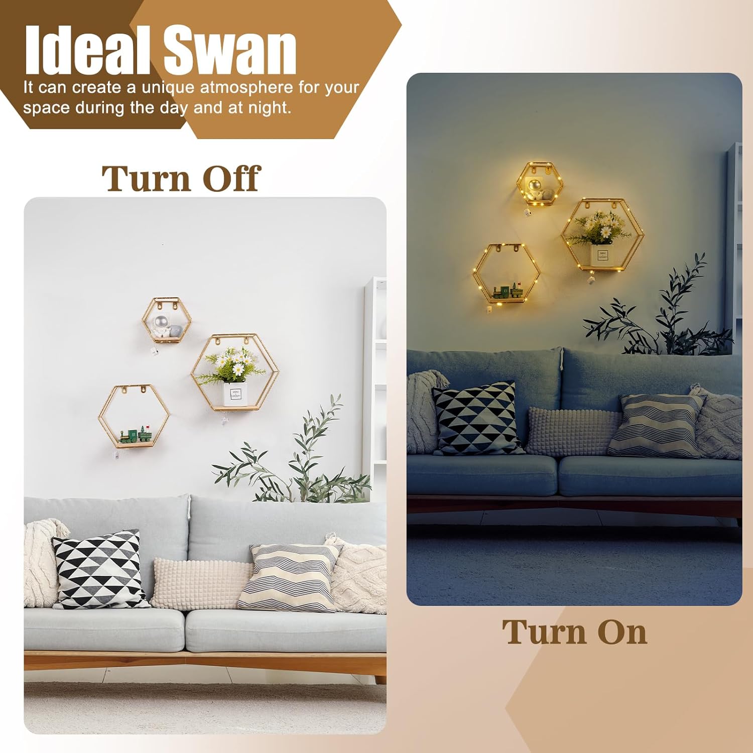 Ideal Swan Hexagon Floating Shelves with LED Lights - Gold