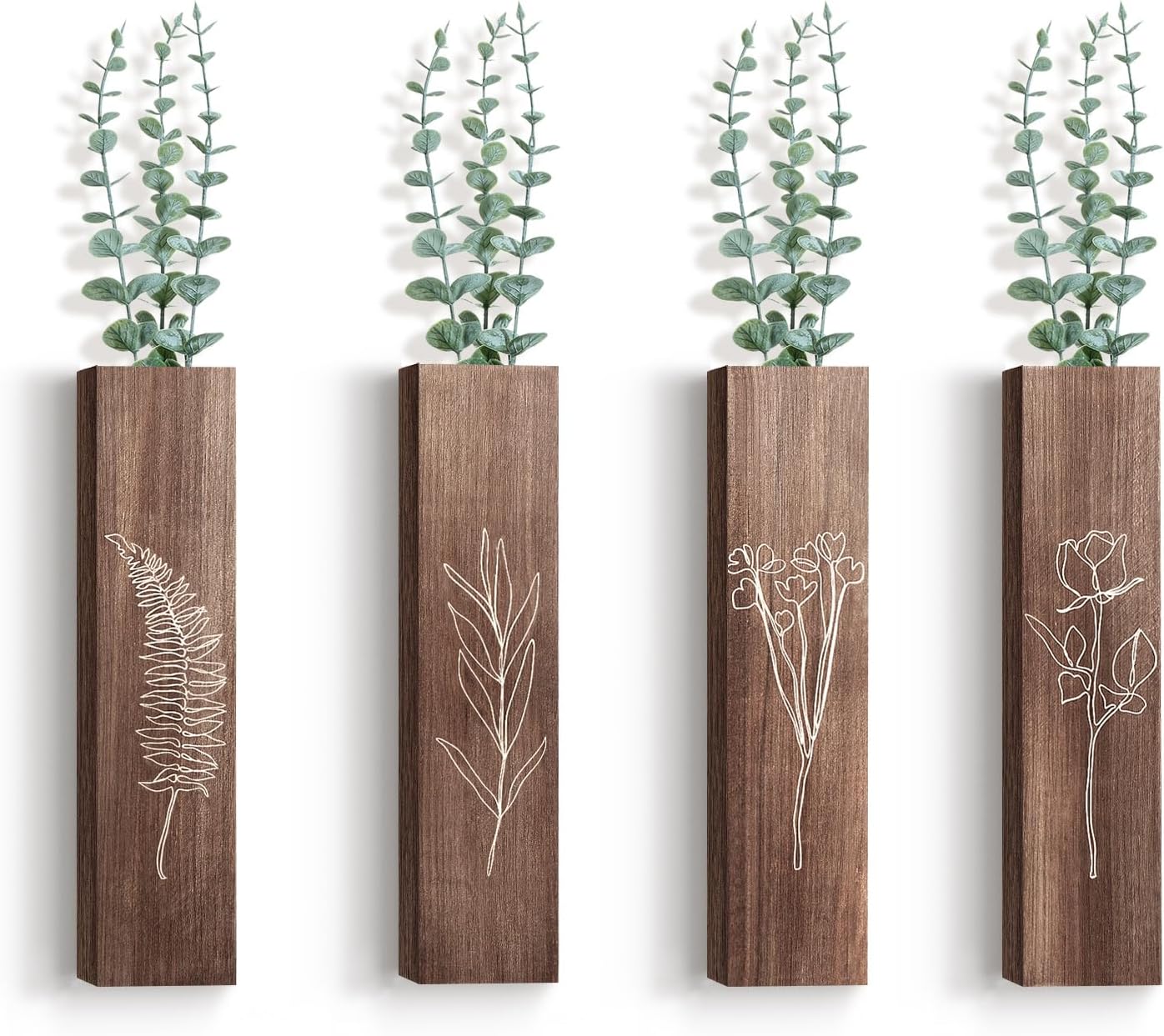 HOMIEE 4 Pack Wooden Wall Planters with Artificial Eucalyptus