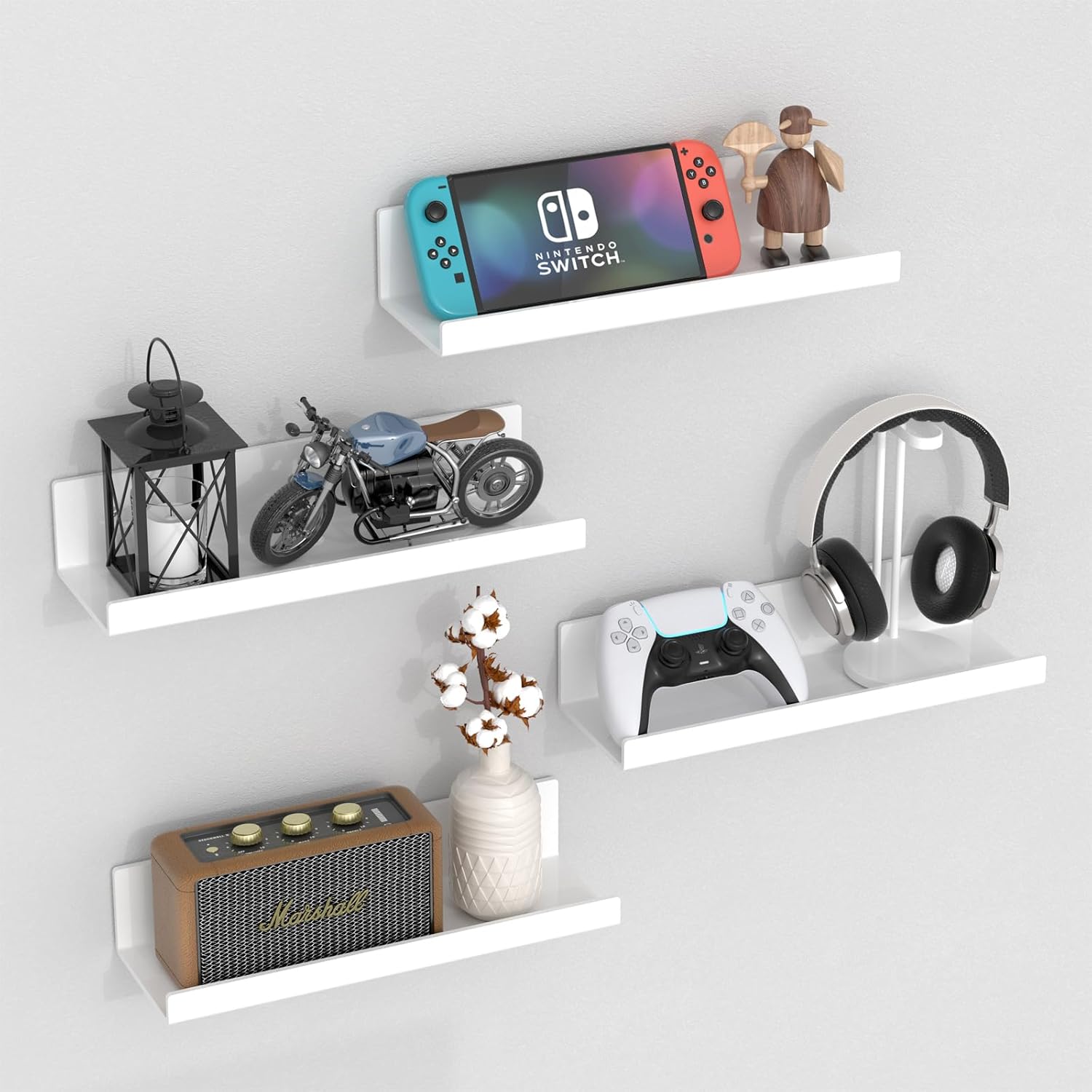 12 Inch Clear Floating Shelves 4 Pack with Cable Clips