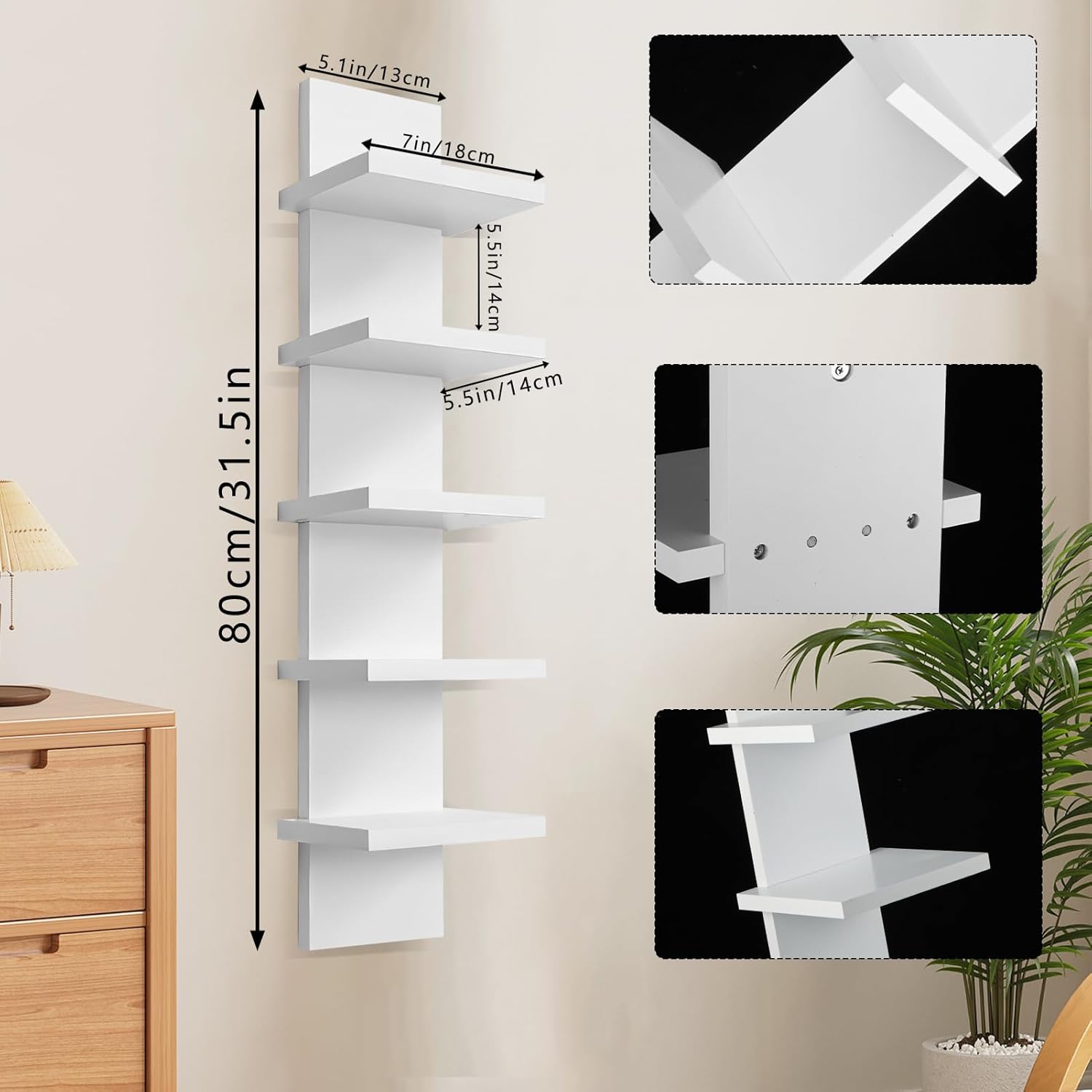 5 Tier Floating Wall Shelf Unit - White Vertical Storage Decor
