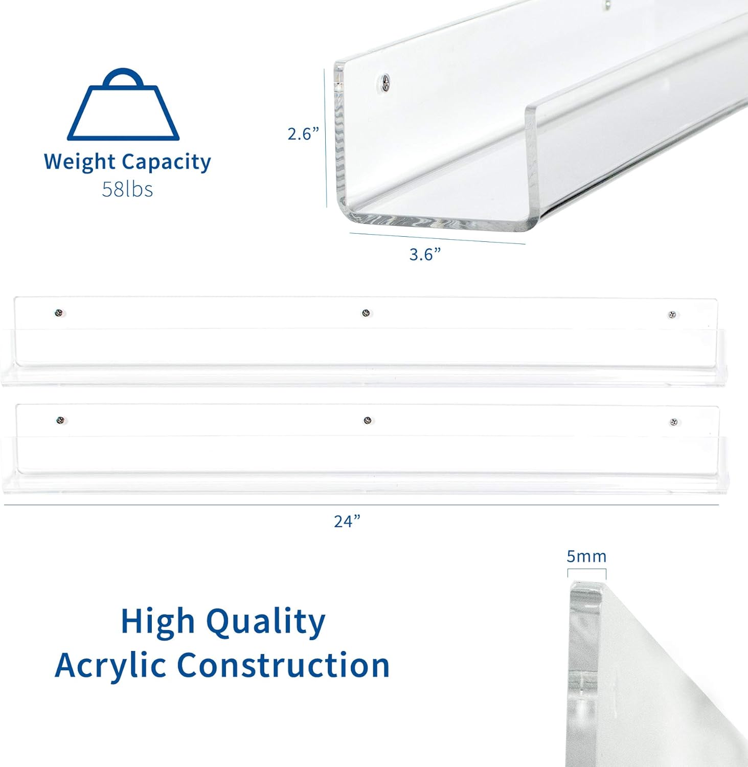 VIVO Dual Acrylic Floating Bookshelves 24 Inch 2 Pack