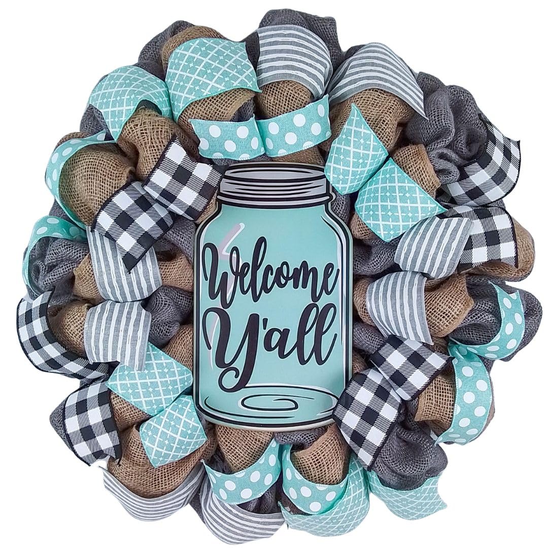 Welcome Yall Mason Jar Wreath with Grey Burlap