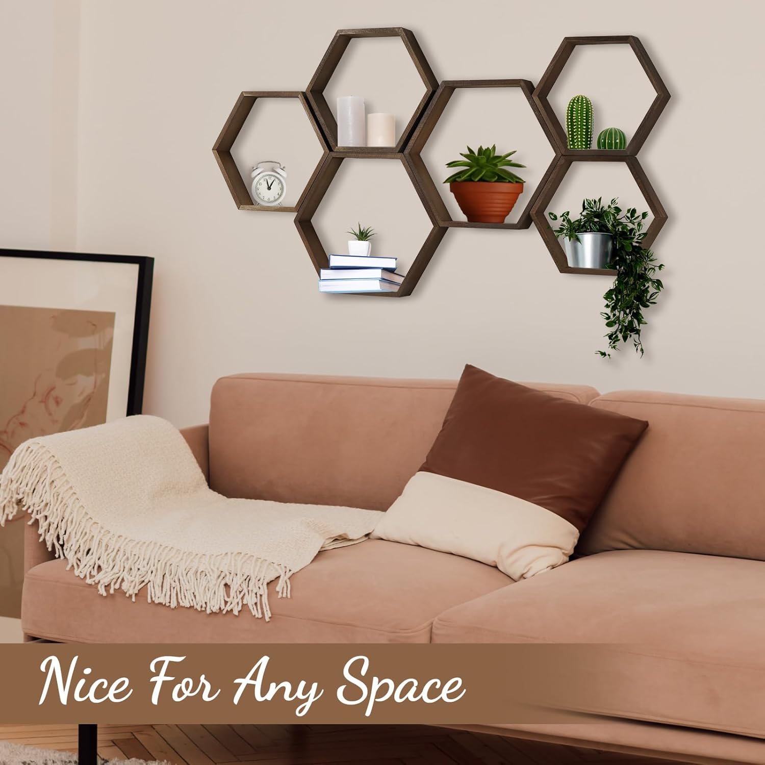 12 Pcs Wooden Hexagon Floating Shelves Brown