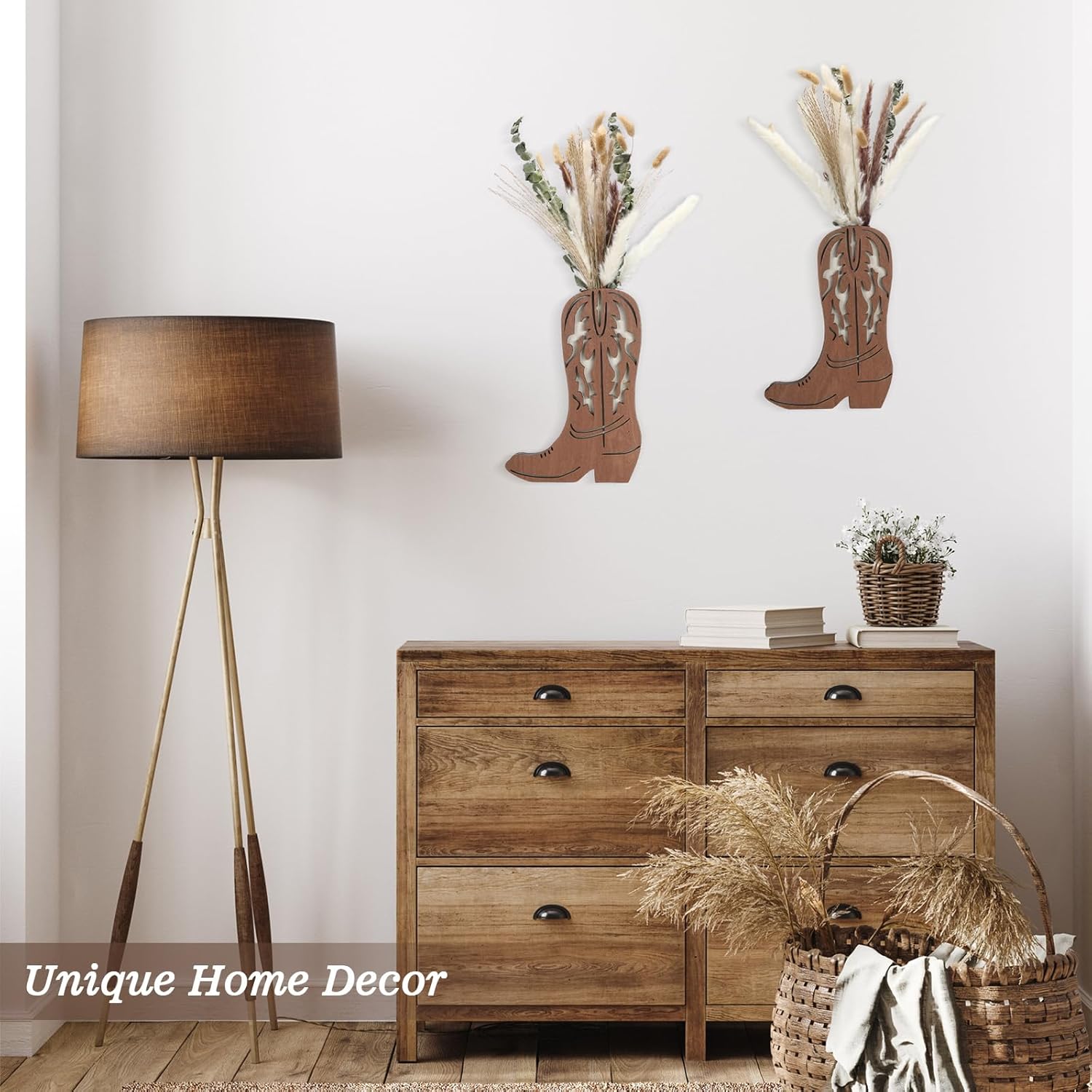 Chunful 2 Pcs Wood Cowboy Boot Vase with Dried Pampas Grass Flowers