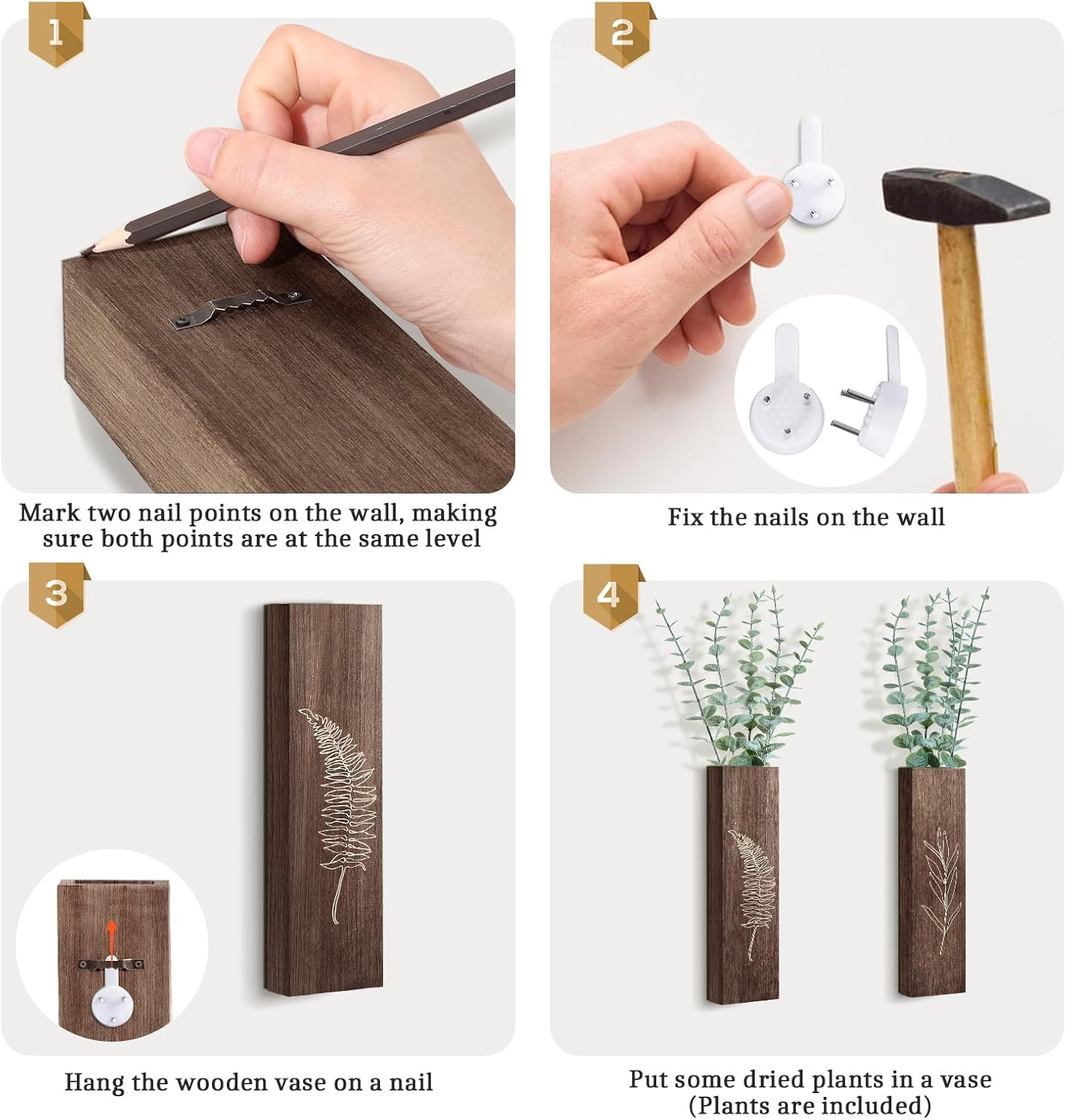 HOMIEE 4 Pack Wooden Wall Planters with Artificial Eucalyptus