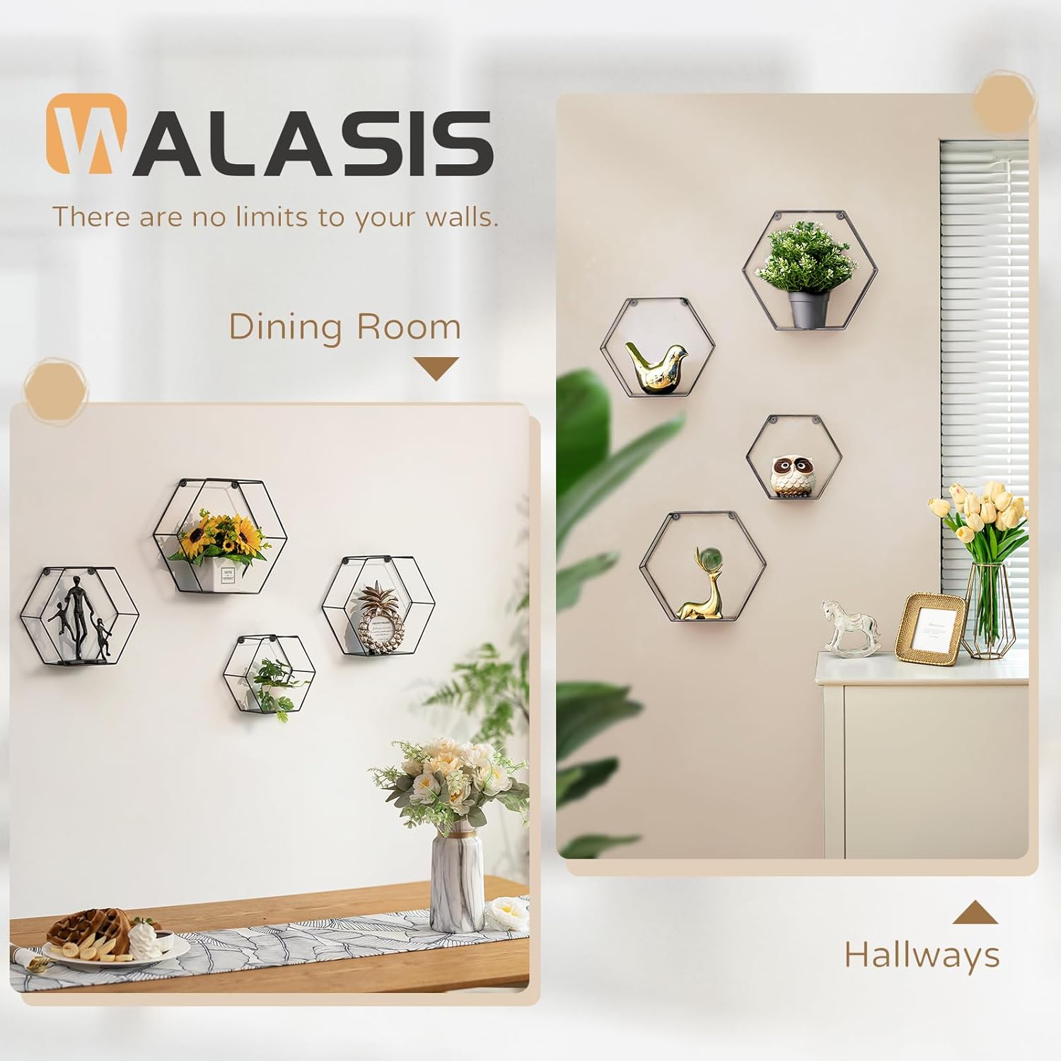 Hexagon Shelves Black Metal Set of 4