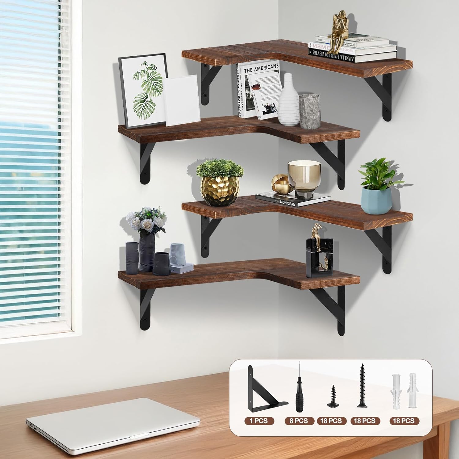 Gabotrie Corner Floating Shelves Set of 4 Dark Brown