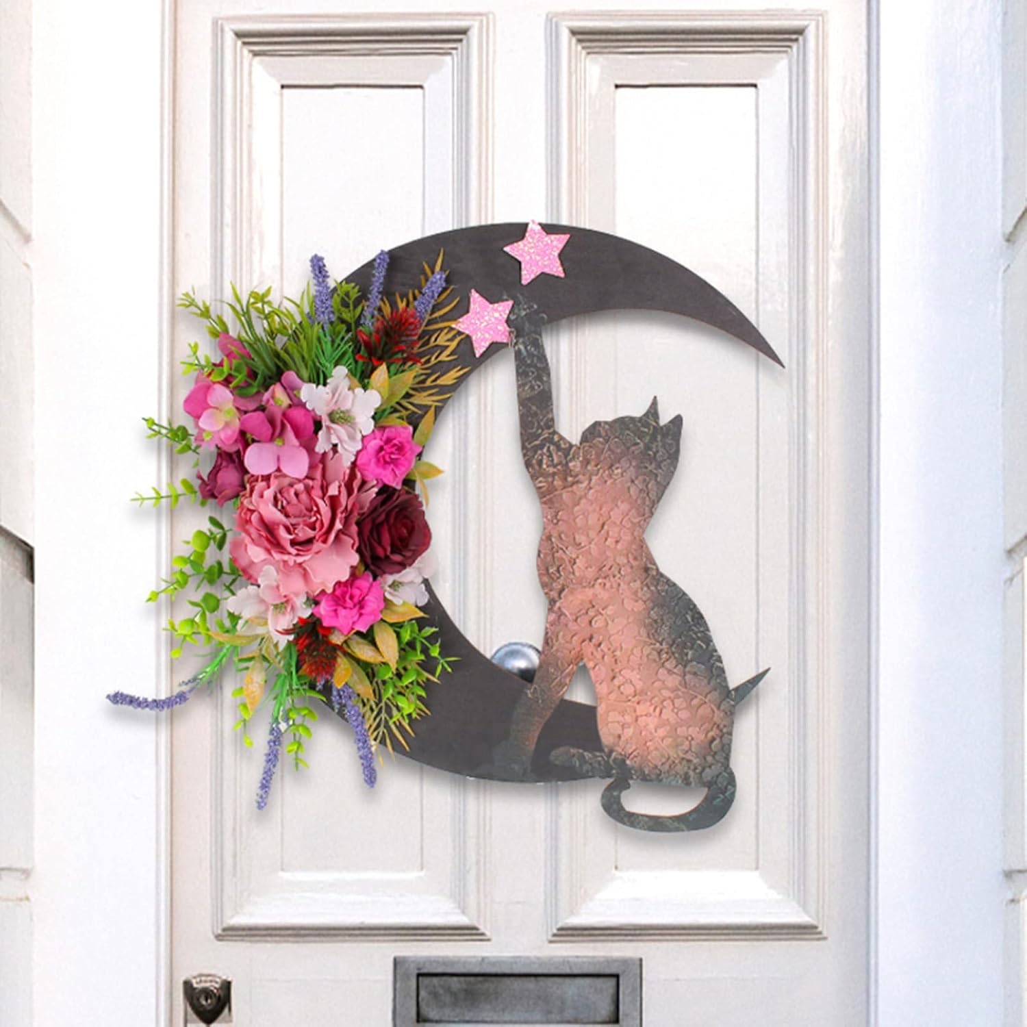 Halloween Black Cat Door Wreath with Bell Pendant