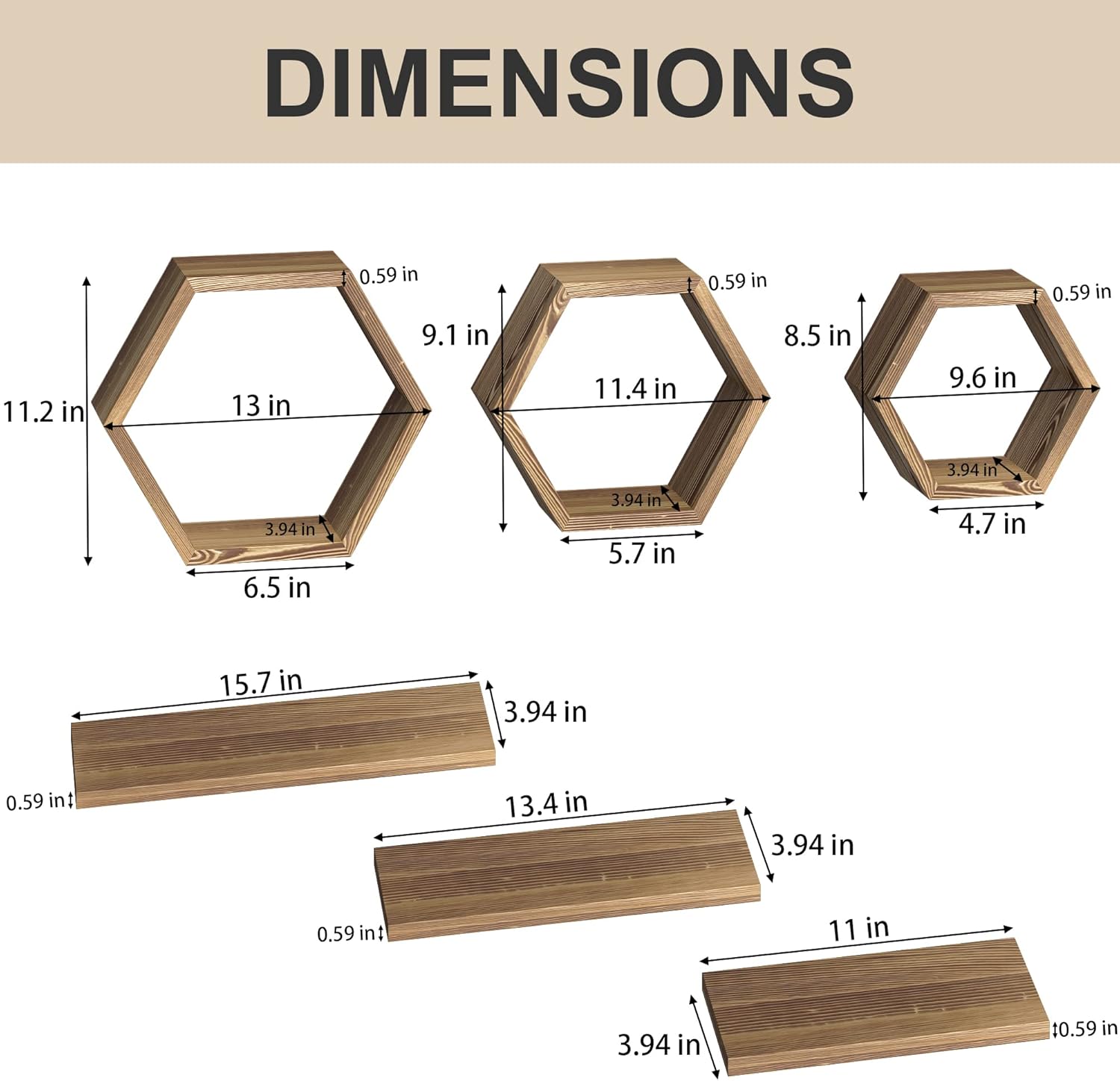 Modern Wooden Hexagon Floating Shelves Set of 6