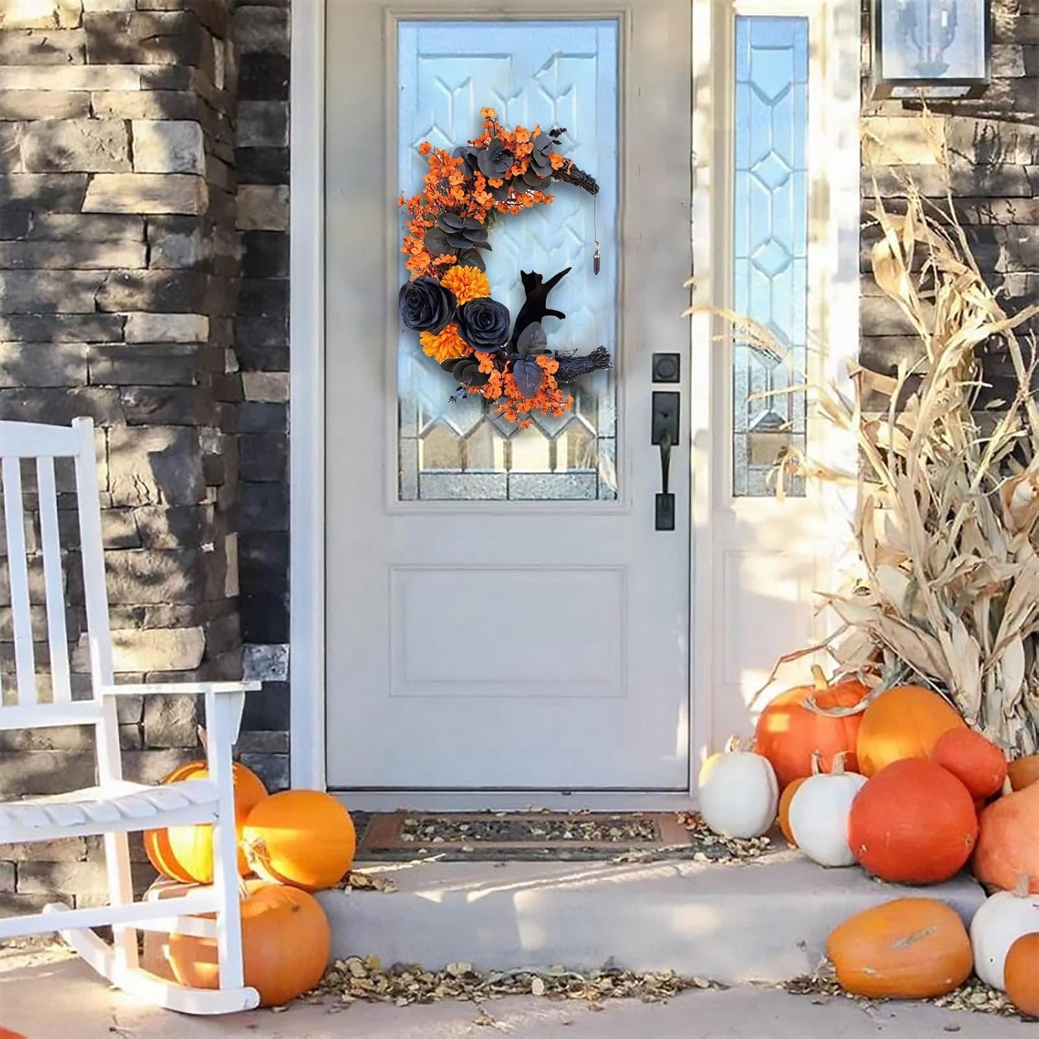 Elegant Halloween Cat Door Wreath with Black Cat and Purple Flowers