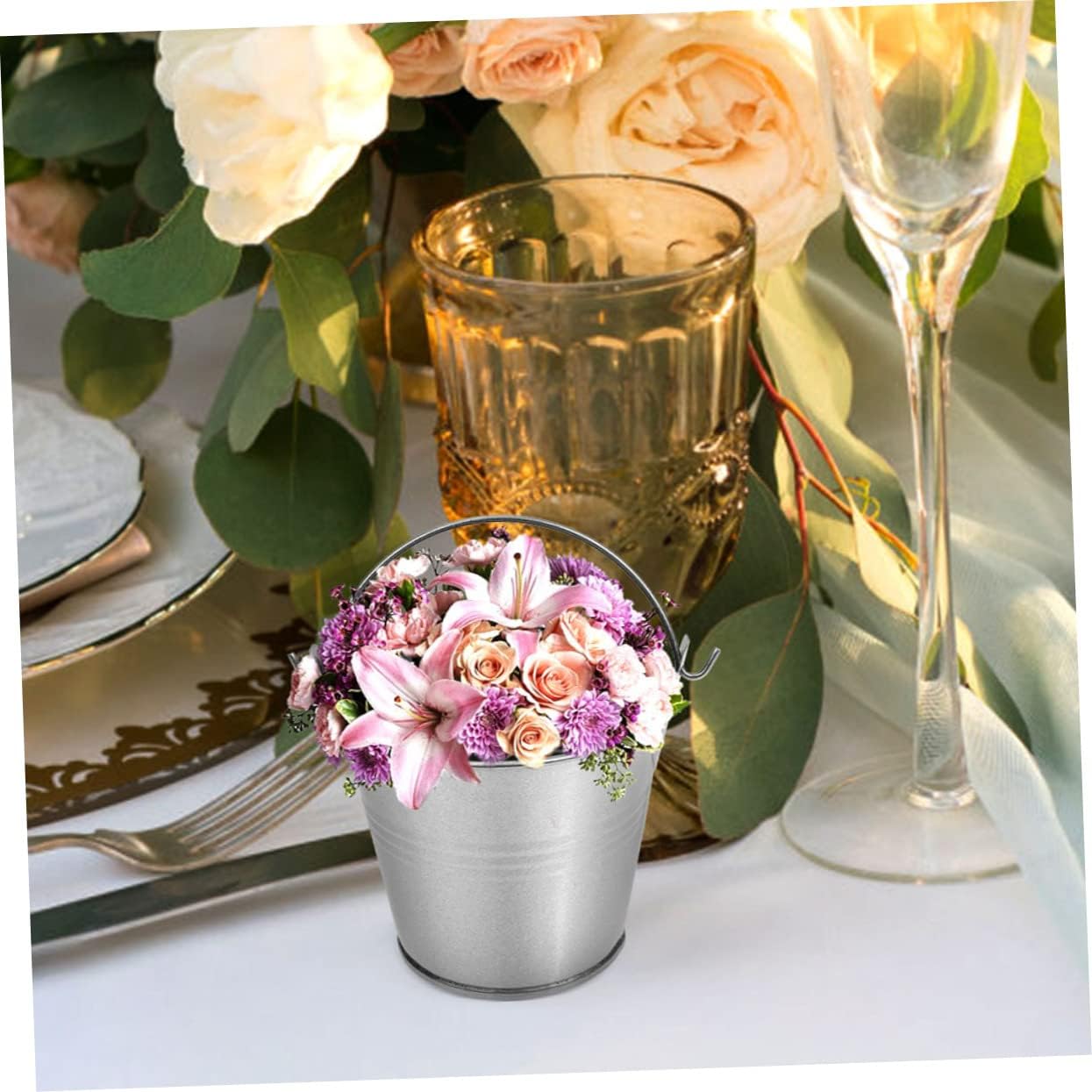 POPETPOP 5pcs Vintage Iron Flower Bucket Planter with Rustic Tin Handles for Home Decor