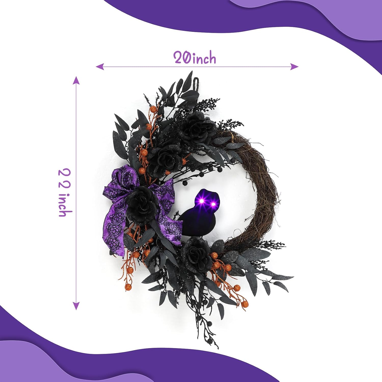 22 Inch Halloween Owl Wreath with Lighted Eyes